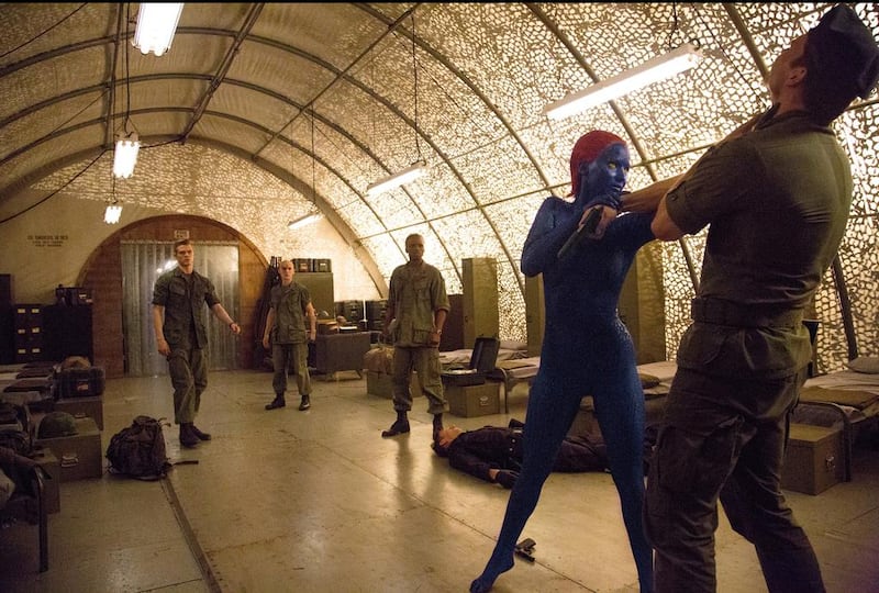 Mystique (Jennifer Lawrence) powers her way through a top secret military installationin in X-Men: days of Future Past. Alan Markfield / Marvel / Twentieth Century Fox 