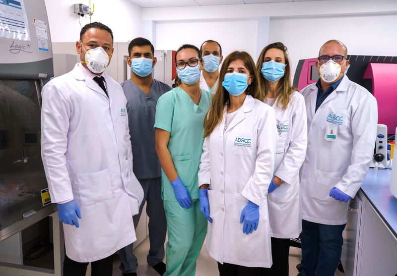Abu Dhabi, United Arab Emirates, June 14, 2020.   
Dr. Yendry Ventura, the general manager of Abu Dhabi Stem Cell Centre with his team.
Victor Besa  / The National
Section:  NA
Reporter:  Daniel Bardsley