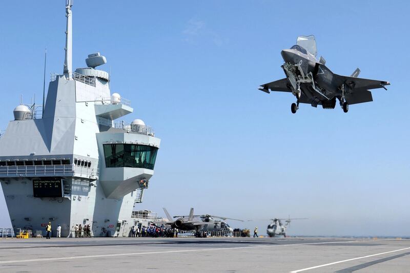 A handout picture released by the British Ministry of Defence (MOD) on May 3, 2021 shows Lockheed Martin F-35B Lightning II Joint Strike Fighters from Britain's Royal Air Force (RAF) No. 617 Squadron landing on the Royal Navy's aircraft carrier HMS Queen Elizabeth on May 2, 2021 ahead of Exercise Strike Warrior. The HMS Queen Elizabeth aircraft carrier left Portsmouth last week to take part in exercises off Scotland before heading to the Indo-Pacific region for her first operational deployment. - RESTRICTED TO EDITORIAL USE - MANDATORY CREDIT  " AFP PHOTO / CROWN COPYRIGHT 2021 / MOD  "  -  NO MARKETING NO ADVERTISING CAMPAIGNS   -   DISTRIBUTED AS A SERVICE TO CLIENTS  -  NO ARCHIVE - TO BE USED WITHIN 2 DAYS FROM May 3, 2021, DATE (48 HOURS), EXCEPT FOR MAGAZINES WHICH CAN PRINT THE PICTURE WHEN FIRST REPORTING ON THE EVENT
 / AFP / MOD / - / RESTRICTED TO EDITORIAL USE - MANDATORY CREDIT  " AFP PHOTO / CROWN COPYRIGHT 2021 / MOD  "  -  NO MARKETING NO ADVERTISING CAMPAIGNS   -   DISTRIBUTED AS A SERVICE TO CLIENTS  -  NO ARCHIVE - TO BE USED WITHIN 2 DAYS FROM May 3, 2021, DATE (48 HOURS), EXCEPT FOR MAGAZINES WHICH CAN PRINT THE PICTURE WHEN FIRST REPORTING ON THE EVENT
