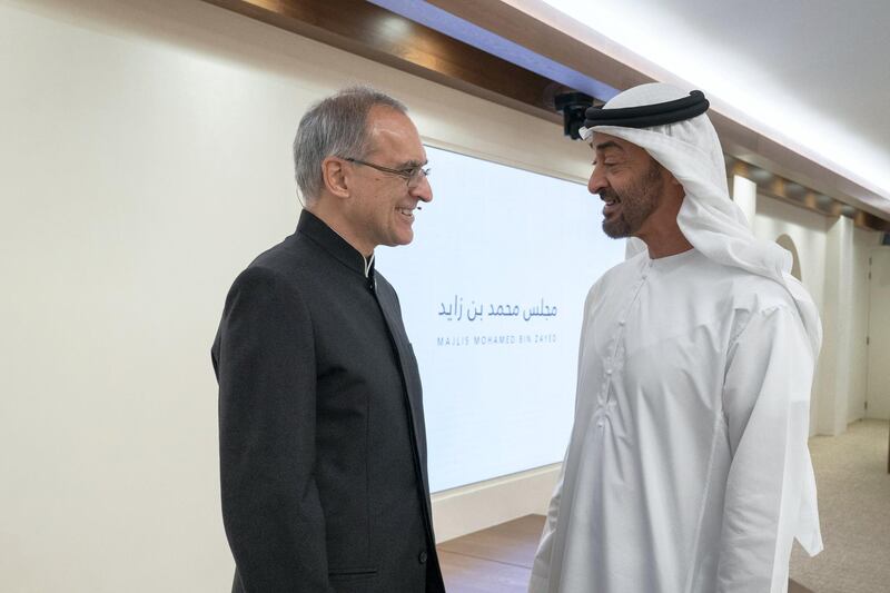 ABU DHABI, UNITED ARAB EMIRATES - May 29, 2019: HH Sheikh Mohamed bin Zayed Al Nahyan, Crown Prince of Abu Dhabi and Deputy Supreme Commander of the UAE Armed Forces (R), greets Dr Pavan Sukhdev (L), during a lecture titled: ”Redefining wealth for an economy of performance", at Majlis Mohamed bin Zayed.

( Mohamed Al Hammadi / Ministry of Presidential Affairs )
---