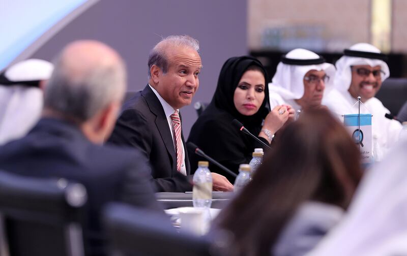 ABU DHABI , UNITED ARAB EMIRATES , SEP 25  ��� 2017 : - , Abdulrahman Al Rashed  ( center left ) and Dr Ebtesam Al Ketbi ( center right ) during the conference on Qatar���s Unilateral Policies : Political Risk Assessment of Doha���s Ambitions held at Etihad Towers in Abu Dhabi. ( Pawan Singh / The National ) Story by Caline Malek