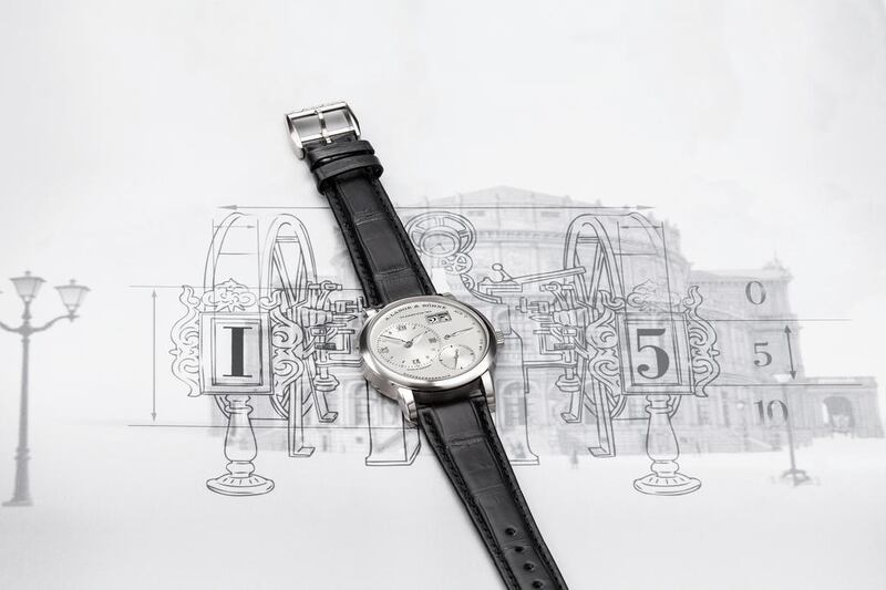 The new Lange 1 in white gold on a drawing of the Five-Minute Clock. Courtesy A. Lange & Söhne