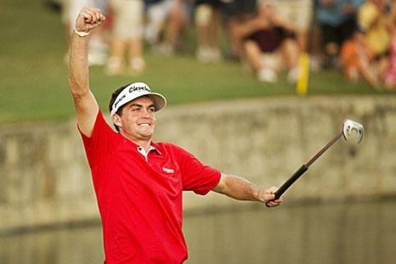 Keegan Bradley, a rookie on the US PGA tour, celebrates clinching the US PGA Championship after sinking his putt on the final play-off hole at the Atlanta Athletic Club.