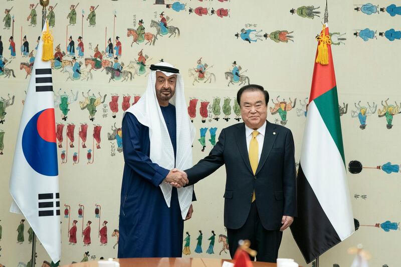 SEOUL, REPUBLIC OF KOREA (SOUTH KOREA) - February 26, 2019: HH Sheikh Mohamed bin Zayed Al Nahyan, Crown Prince of Abu Dhabi and Deputy Supreme Commander of the UAE Armed Forces (L), stands for a photograph with HE Moon Hee-sang, Speaker of the National Assembly (R), at the National Assembly Building of the Republic of Korea (South Korea).

( Hamad Al Mansoori / Ministry of Presidential Affairs )
---