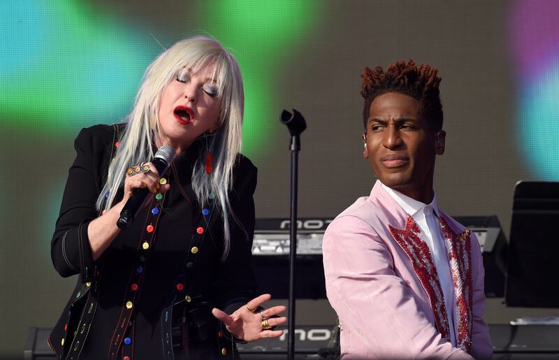 Cyndi Lauper, left, and Jon Batiste perform during the Global Citizen festival in New York.  AP Photo