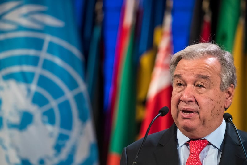 epa07990380 UN Secretary-General Antonio Guterres delivers a speech during the 40th session of the United Nations Educational, Scientific and Cultural Organization (UNESCO) General Conference at the UNESCO headquarters in Paris, France, 12 November 2019. The 40th session of the UNESCO General Conference runs from 12 to 27 November 2019.  EPA/CHRISTOPHE PETIT TESSON