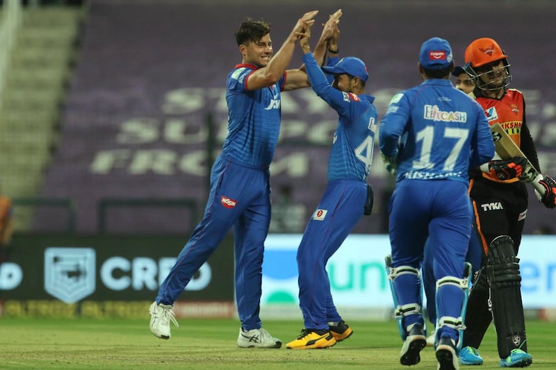 Delhi Capitals players celebrates the wicket of Priyam Garg of Sunrisers Hyderabad  during the qualifier 2 match of season 13 of the Dream 11 Indian Premier League (IPL) between the Delhi Capitals and the Sunrisers Hyderabad at the Sheikh Zayed Stadium, Abu Dhabi in the United Arab Emirates on the 8th November 2020.  Photo by: Vipin Pawar  / Sportzpics for BCCI