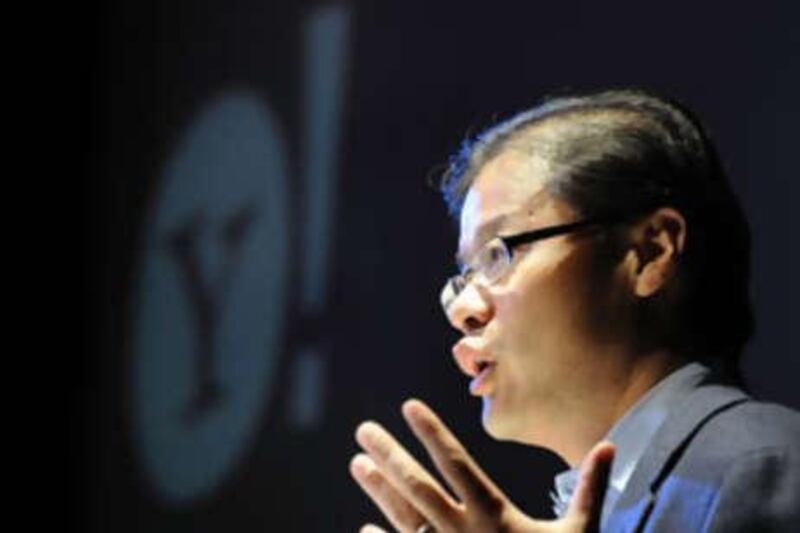 Jerry Yang, CEO and co-founder of Yahoo! gestures as he addresses a conference in central London on Nov 12 2008.