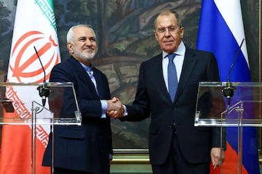 Iranian Foreign Minister Mohammad Javad Zarif, left, with Russian counterpart Sergey Lavrov in Moscow on Tuesday. AP Photo