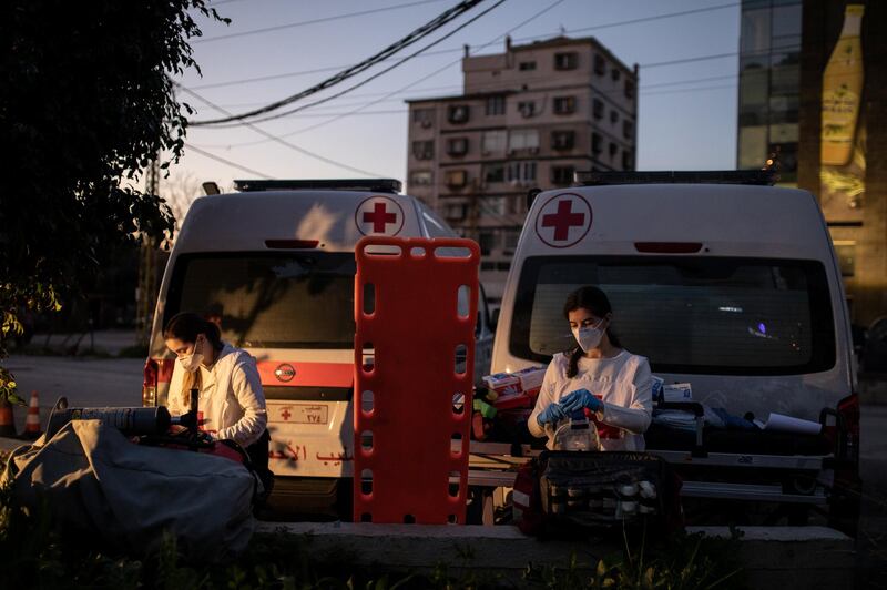 ©2021 Tom Nicholson. 23/01/2021. Jounieh, Lebanon. Lebanese Red Cross volunteer paramedics prepare equipment ahead of a night shift at the Jounieh station. Today Lebanon registered 4176 new Coronavirus cases, and 52 deaths. Tom Nicholson for The National