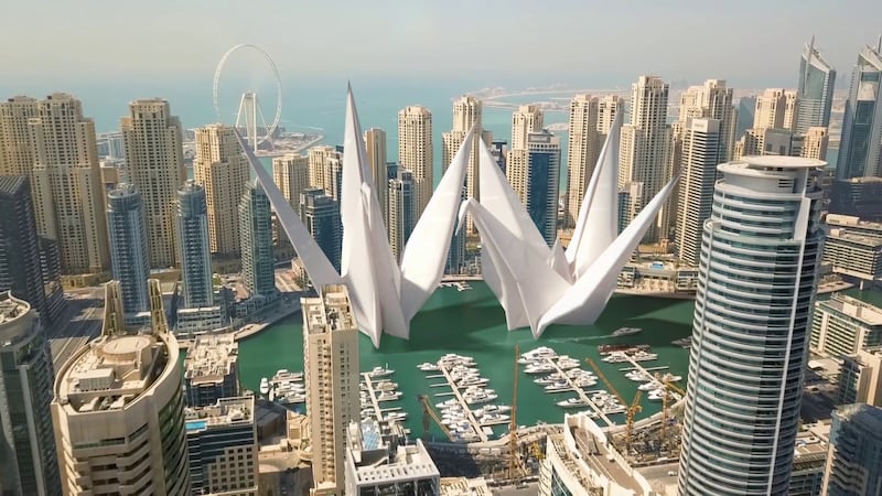 The video features several large CGI origami creations scattered across some of Dubai's most recognisable locations. 