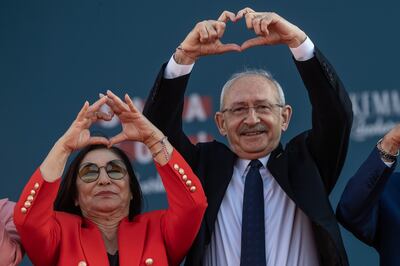 Former CHP leader Kemal Kilicdaroglu, right, pictured on April 30 in Izmir while campaigning against Recep Tayyip Erdogan for the presidency of Turkey. Mr Kilicdaroglu's failure to oust Turkey's longtime leader led to calls for his resignation. Getty