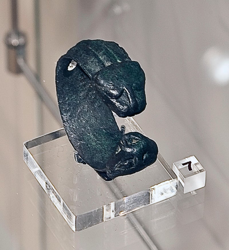 A copper alloy bangle with animal head-shaped terminals (possibly leopard), Al Buhairs 1000-600BC on display as part of the exhibit "Our Monuments Narrate Our History" at the Sharjah Archaeology Museum on Tuesday, April 16, 2013. Charles Crowell for The National