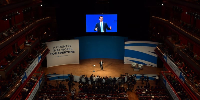 He delivers a speech at the Conservative Party Conference in Birmingham in 2016. Getty