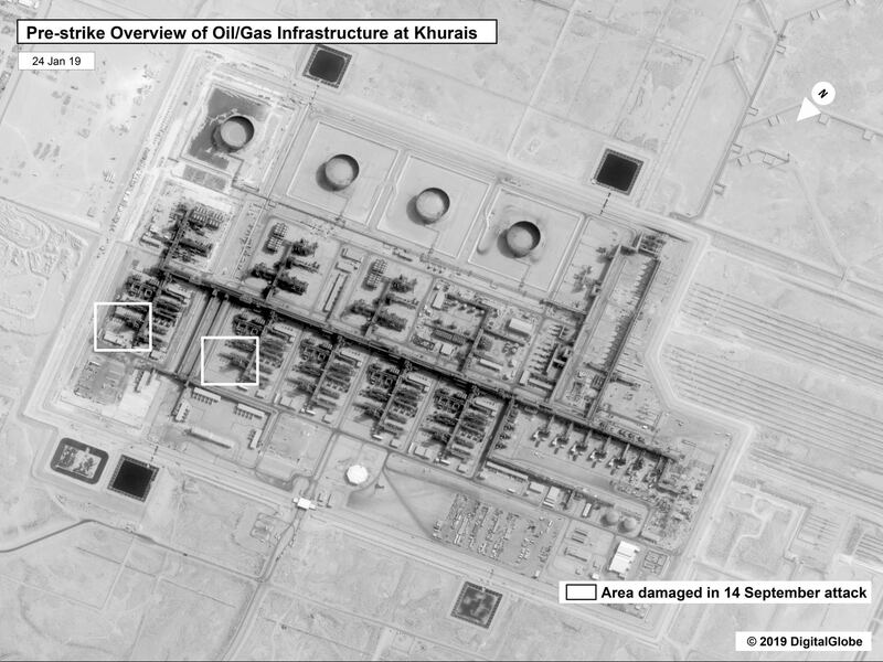 This image provided by the U.S. government and DigitalGlobe and annotated by the source, shows a pre-strike overview at Saudi Aramco's Khurais oil field in Buqyaq, Saudi Arabia. The drone attack Saturday on Saudi Arabia's Abqaiq plant and its Khurais oil field led to the interruption of an estimated 5.7 million barrels of the kingdom's crude oil production per day, equivalent to more than 5% of the world's daily supply. AP