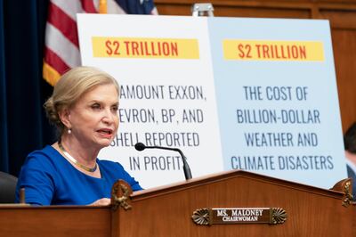 Carolyn Maloney, chairwoman of the House Committee on Oversight and Reform, speaks at committee hearing on the role of fossil fuel companies in climate change. AP