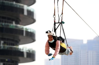 Dubai, United Arab Emirates - Reporter: N/A. Lifestyle. Maram Makki is one of the first people to come down the XLine Dubai in the Marina after re opening due to Covid-19. Wednesday, June 2nd, 2020. Dubai. Chris Whiteoak / The National