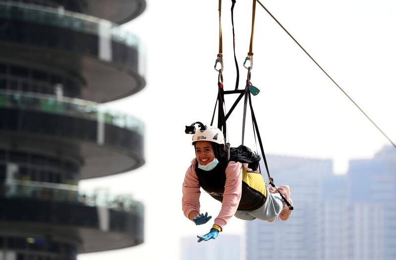 Dubai, United Arab Emirates - Reporter: N/A. Lifestyle. Maram Makki is one of the first people to come down the XLine Dubai in the Marina after re opening due to Covid-19. Wednesday, June 2nd, 2020. Dubai. Chris Whiteoak / The National