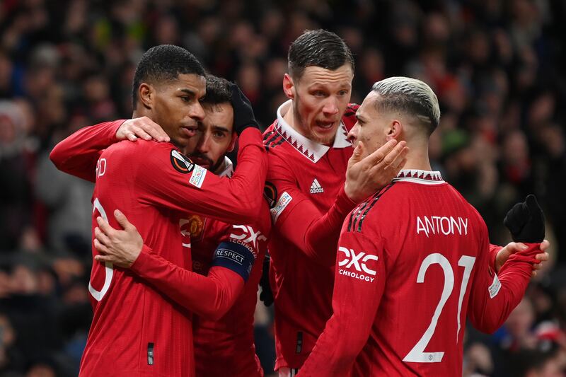 Marcus Rashford, Bruno Fernandes, Wout Weghorst and Antony all scored for Manchester United in their Europa League round of 16 clash with Real Betis at Old Trafford on Thursday, March 9, 2023. Getty
