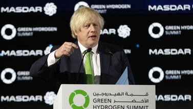 Former British prime minister Boris Johnson at the Green Hydrogen Summit in Abu Dhabi. EPA
