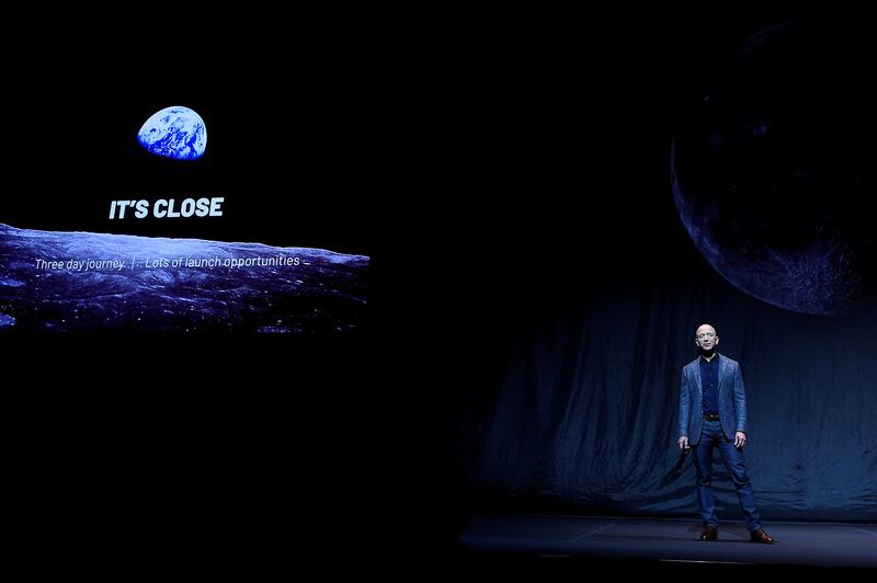 Jeff Bezos, founder, chairman, CEO and president of Amazon, unveils Blue Origin's space exploration lunar lander rocket called Blue Moon in Washington. Reuters / Clodagh Kilcoyne / File Photo