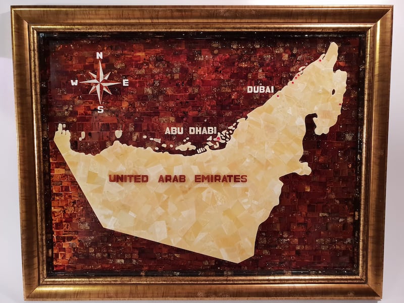 A map of the UAE is among several of the artist’s amber-inspired creations.