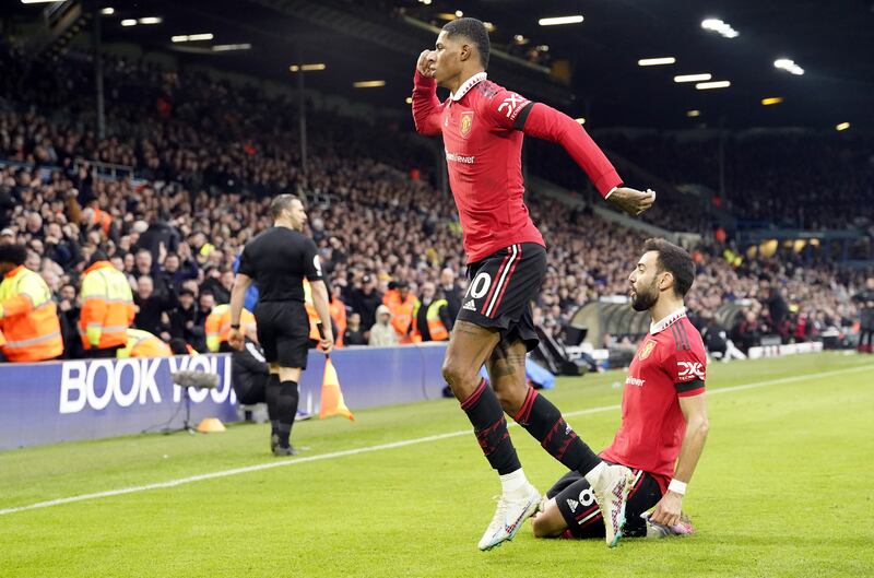 Manchester United's Marcus Rashford celebrates scoring their first goal. PA