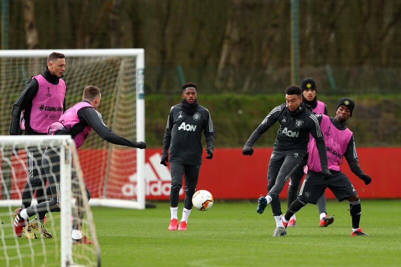 Jesse Lingard of Manchester United shoots during a training session. Getty Images