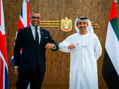 Sheikh Abdullah bin Zayed, the UAE Minister of Foreign Affairs and International Co-operation, with James Cleverly, then UK's minister for Middle East and North Africa, in Abu Dhabi. Wam