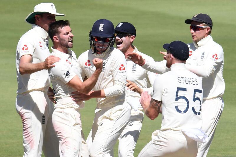 England celebrate the key wicket of Rassie van der Dussen during the fourth Test in Johannesburg on Monday. Getty