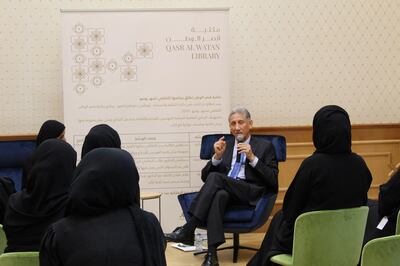 Kuwaiti author Talib Rifai gives a creative writing lecture, as part of the cultural programme at Qasr Al Watan Library. Photo: DCT – Abu Dhabi