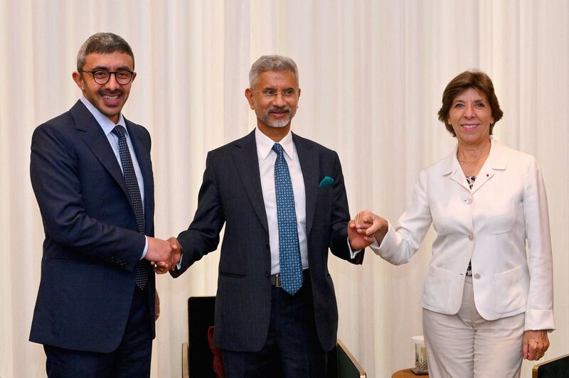 Sheikh Abdullah bin Zayed, Minister of Foreign Affairs and International Co-operation, India’s Foreign Minister Dr Subrahmanyam Jaishankar, and French Minister for Europe and Foreign Affairs Catherine Colonna. AFP