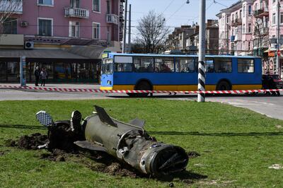 A missile fragment lies on the ground after an attack at the railway station in Kramatorsk, Ukraine. AP
