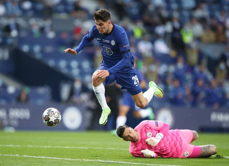 Chelsea's Kai Havertz skips past City goalkeeper Ederson to put his team ahead in the first half.