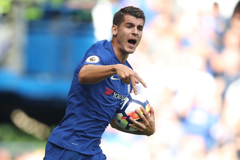 Chelsea's Alvaro Morata celebrates scoring his side's first goal of the game during the Premier League match at Stamford Bridge, London. PRESS ASSOCIATION Photo. Picture date: Saturday August 12, 2017. See PA story SOCCER Chelsea. Photo credit should read: John Walton/PA Wire. RESTRICTIONS: EDITORIAL USE ONLY No use with unauthorised audio, video, data, fixture lists, club/league logos or "live" services. Online in-match use limited to 75 images, no video emulation. No use in betting, games or single club/league/player publications.
