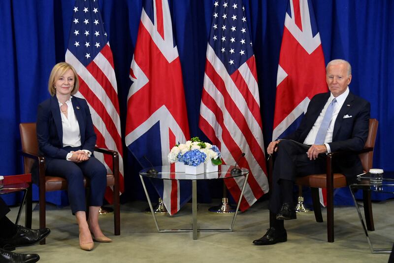 British Prime Minister Liz Truss and US President Joe Biden in New York on Wednesday.  AP