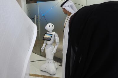 ABU DHABI, UNITED ARAB EMIRATES - - -  November 20, 2016 ---  Pepper is the IBM Watson that enables Pepper to understand humans through the senses, speaking, and assisting travelers during their travel experience. Pepper even offers information for Etihad's DFS.  Etihad Aviation Group has launched Innovation Week at their Etihad Innovation Centre in Abu Dhabi showcasing a new digitally enabled end-to-end travel experience.   ( DELORES JOHNSON / The National )  
ID: 44622
Reporter: Not listed
Section: AL *** Local Caption ***  DJ-201116-BZ-Etihad Innovation-44622-010.jpg