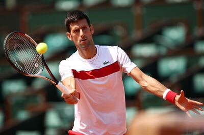 PARIS, FRANCE - MAY 25:  Novak Djokovic of Serbia plays a forehand during a practice session ahead of the French Open at Roland Garros on May 25, 2018 in Paris, France.  (Photo by Cameron Spencer/Getty Images)