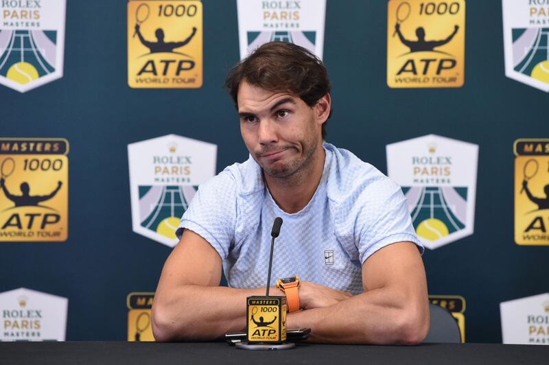 TOPSHOT - Spain's Rafael Nadal gives a press conference on day three of the ATP World Tour Masters 1000 - Rolex Paris Masters - indoor tennis tournament at The AccorHotels Arena in Paris, on October 31, 2018. Rafael Nadal pulls out of the Paris Masters, he said on October 31, 2018. / AFP / Anne-Christine POUJOULAT            
