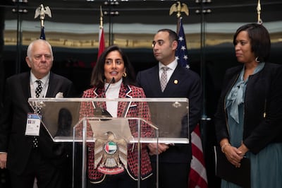 The UAE embassy's deputy chief of mission Shaima Gargash welcomes hundreds of city leaders to the opening of the US Conference of Mayors in Washington on Tuesday. Photo: UAE embassy