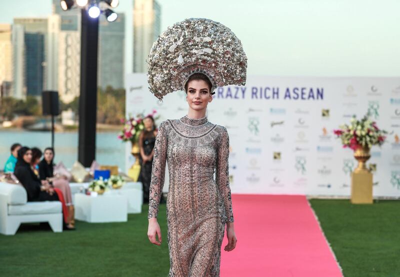 Abu Dhabi, U.A.E., January 31, 2019.  A look at Crazy Rich Asean, a fashion & jewellery show being held at the Singapore Residence in Abu Dhabi.  Fashion by Filipino designers Jose and Aldwin Guardiana.
 Victor Besa / The National
Section:  IF
Reporter:  Panna Munyal