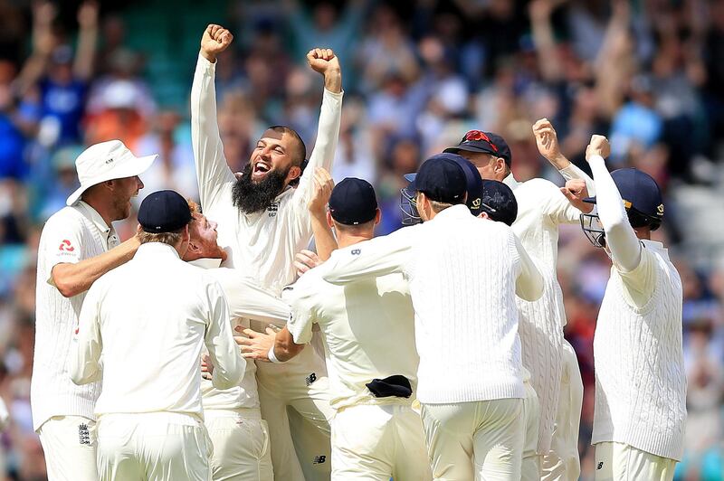 England's Moeen Ali is lifted up in the air after taking a hat trick against South Africa during day five of the 3rd Investec Test match at the Kia Oval, London. PRESS ASSOCIATION Photo. Picture date: Monday July 31, 2017. See PA story CRICKET England. Photo credit should read: Nigel French/PA Wire. RESTRICTIONS: Editorial use only. No commercial use without prior written consent of the ECB. Still image use only. No moving images to emulate broadcast. No removing or obscuring of sponsor logos.
