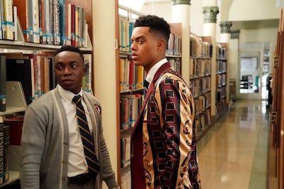 Olly Sholotan, left, and Jabari Banks in Bel-Air, a reimagined version of The Fresh Prince of Bel-Air. Photo: Peacock