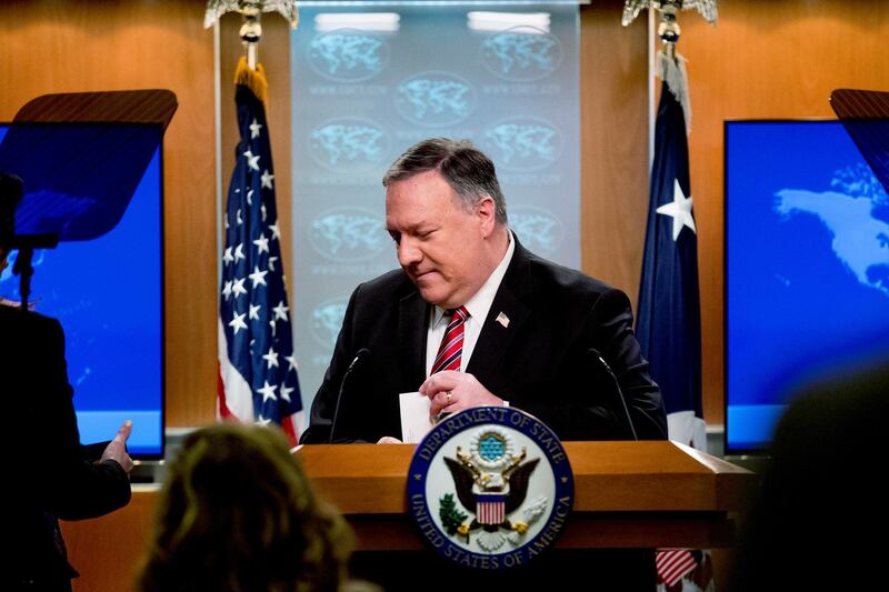U.S. Secretary of State Mike Pompeo steps away from the podium following a news conference at the State Department, in Washington, U.S., April 29, 2020. Andrew Harnik/Pool via REUTERS