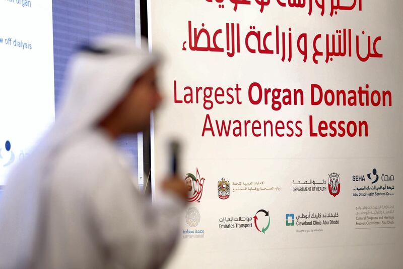 Abu Dhabi, United Arab Emirates - June 5th, 2018: Ali Al Obaidli, chair of the national transplant committee speaks at the Largest Organ Donation awareness lesson. Tuesday, June 5th, 2018 at Al Raha Theater, Abu Dhabi. Chris Whiteoak / The National