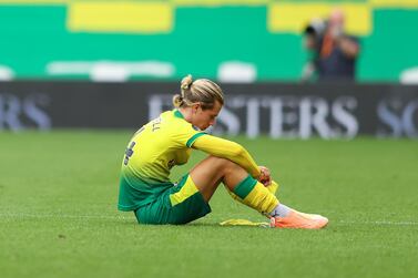 Norwich City's Todd Cantwell sits on the pitch at the end of the English Premier League soccer match between Norwich City and Brighton & Hove Albion at Carrow Road Stadium in Norwich, England, Saturday, July 4, 2020. Norwich lost 0-1. (Richard Heathcote/Pool Photo via AP)