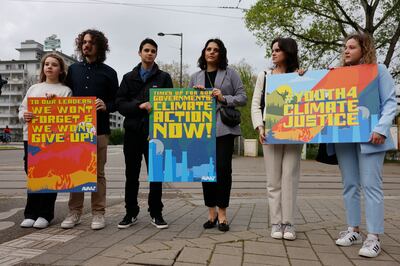 Youngsters from Portugal demonstrate outside the European Court of Human Rights on Tuesday. AP
