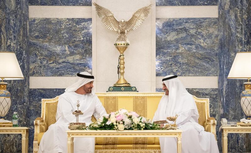 FUJAIRIAH, UNITED ARAB EMIRATES - May 15, 2021: HH Sheikh Mohamed bin Zayed Al Nahyan, Crown Prince of Abu Dhabi and Deputy Supreme Commander of the UAE Armed Forces (L), exchanges Eid greetings with HH Sheikh Hamad bin Mohamed Al Sharqi, UAE Supreme Council Member and Ruler of Fujairah (R). 

( Rashed Al Mansoori / Ministry of Presidential Affairs )
---