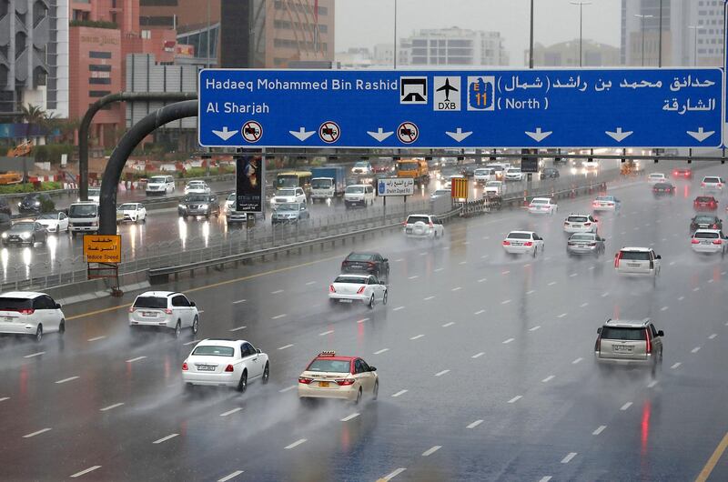 DUBAI, UNITED ARAB EMIRATES , Nov 10  – 2019 :- Traffic on Sheikh Zayed Road during the rain in Dubai. ( Pawan Singh / The National )  For News