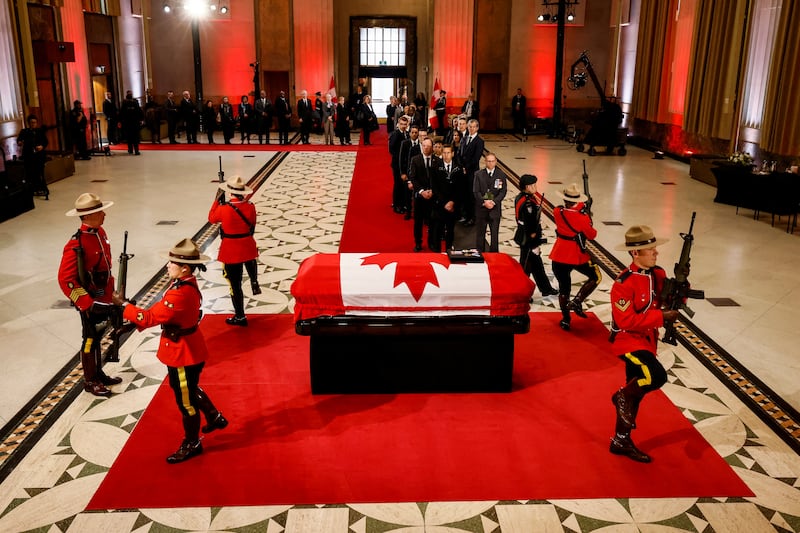 The casket of late former Canadian Prime Minister Brian Mulroney lies in state in Ottawa, Ontario. Reuters
